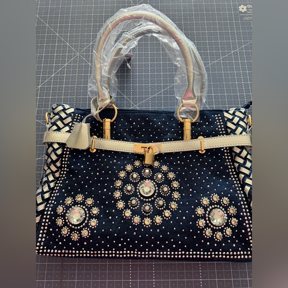 A Touch Of Style rhinestone and dark denim purse!! Crossbody and pockets!! NEW!